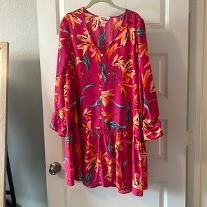 Peach Love California pink floral drop waist mini dress SZ L indie boho ruffle